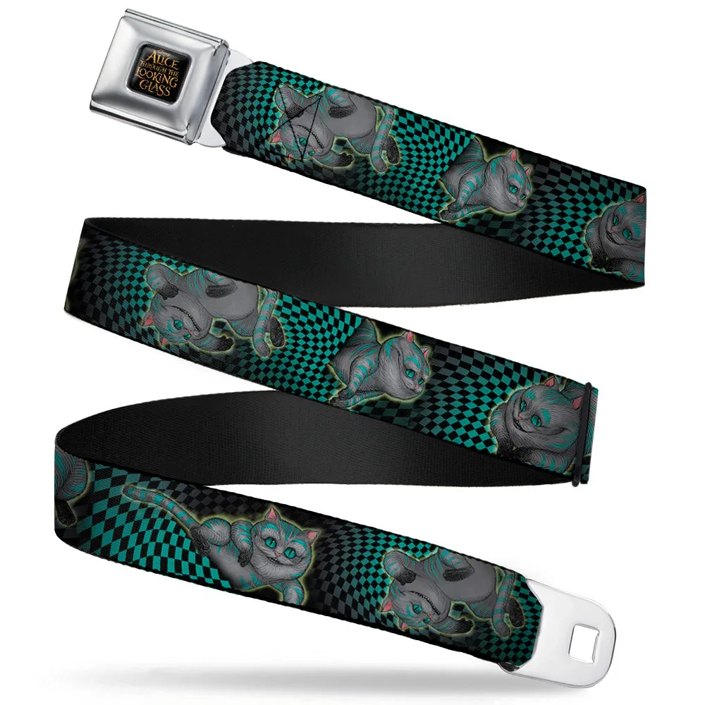 ALICE THROUGH THE LOOKING GLASS Logo Full Color Black Gold Seatbelt Belt - Cheshire Cat 4-Poses Checkers Teal/Black Webbing by Buckle-Down