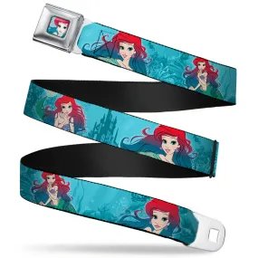 Ariel Face6 Turquoise Full Color Blues Seatbelt Belt - Ariel Poses Coral & Castle Blues/Reds Webbing