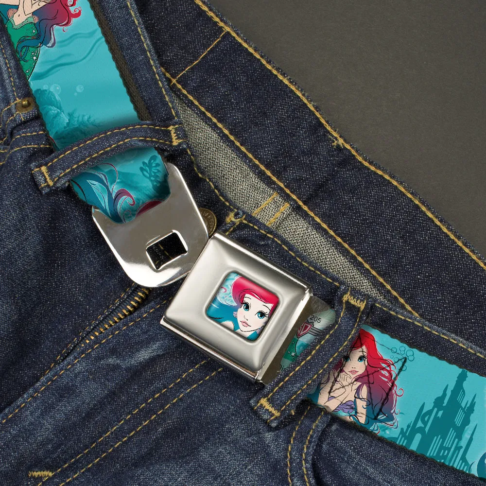 Ariel Face6 Turquoise Full Color Blues Seatbelt Belt - Ariel Poses Coral & Castle Blues/Reds Webbing