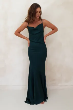 Asiah Satin Draped Back Gown | Emerald Green