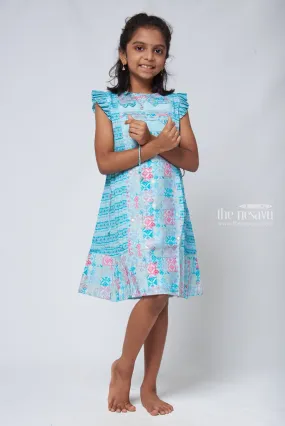 Blue Geometric A-line Frock - Trendy Girls Cotton Dress