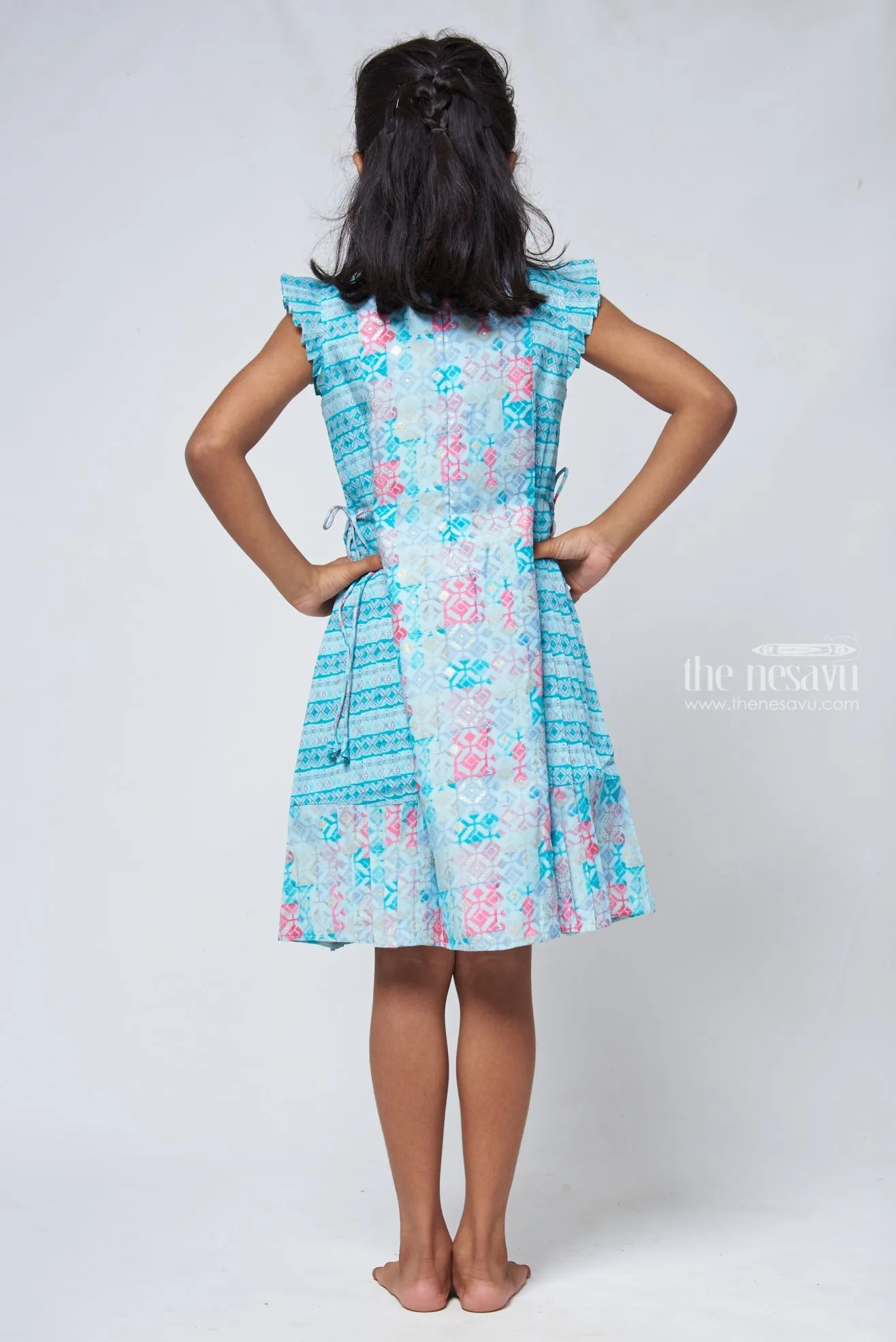 Blue Geometric A-line Frock - Trendy Girls Cotton Dress