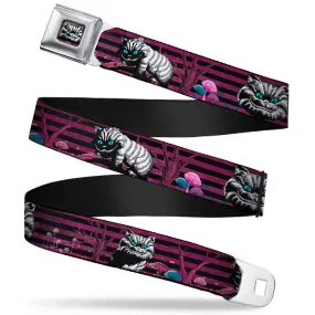 Cheshire Cat Face Stripe Full Color Purple Black White Seatbelt Belt - Cheshire Cat Face/Poses Stripe Purple/Black/White Webbing by Buckle-Down