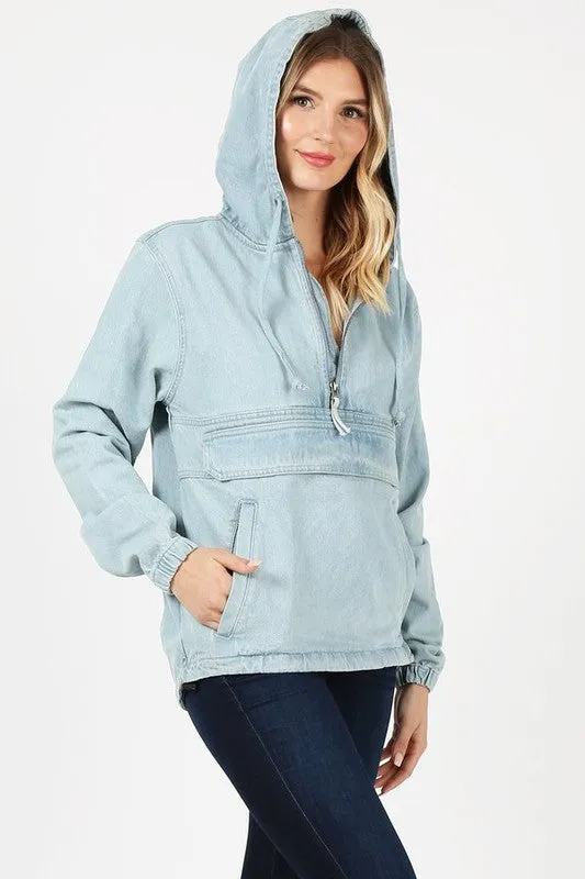 DENIM HOODIE HALF ZIPPER CLOSER