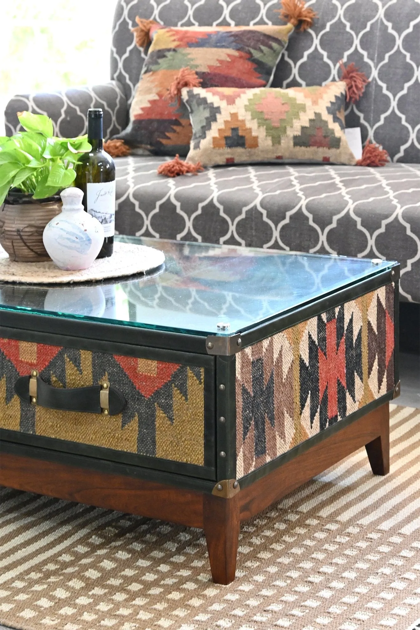 EVELYN  COFFEE TABLE IN KILIM & LEATHER