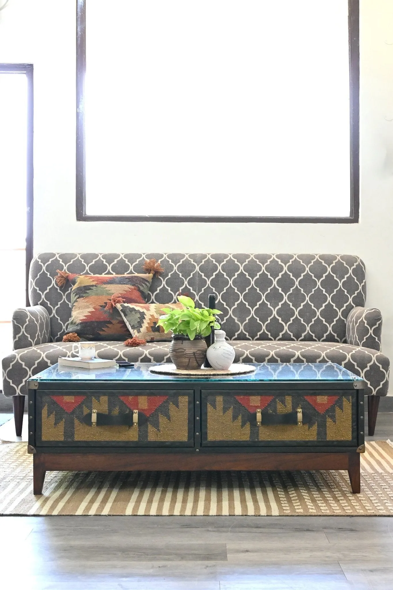 EVELYN  COFFEE TABLE IN KILIM & LEATHER