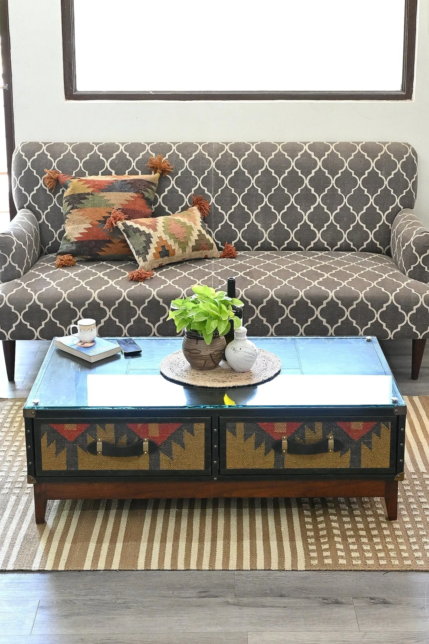 EVELYN  COFFEE TABLE IN KILIM & LEATHER