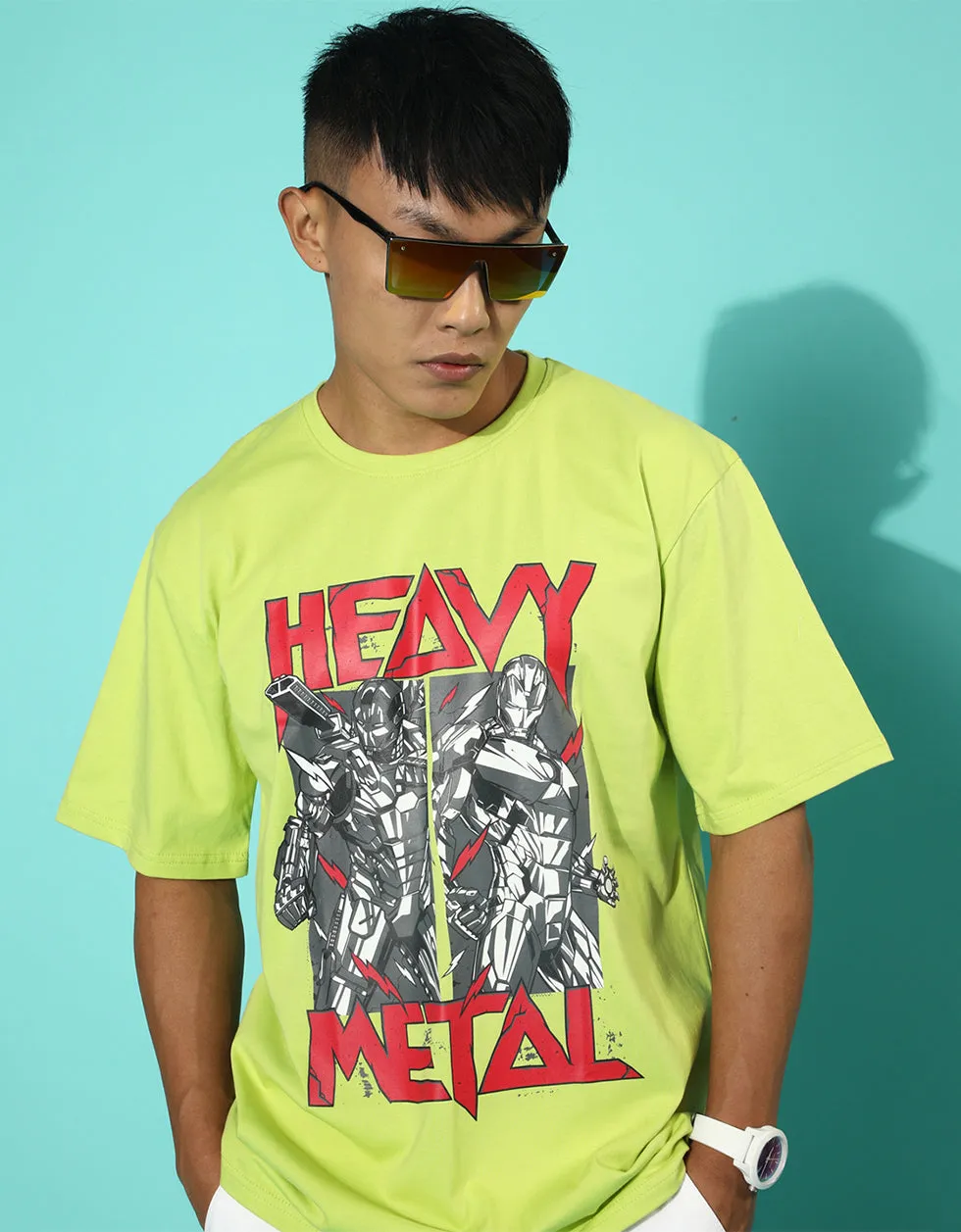 Heavy Metal Green Oversized Front Graphic Printed Tshirt