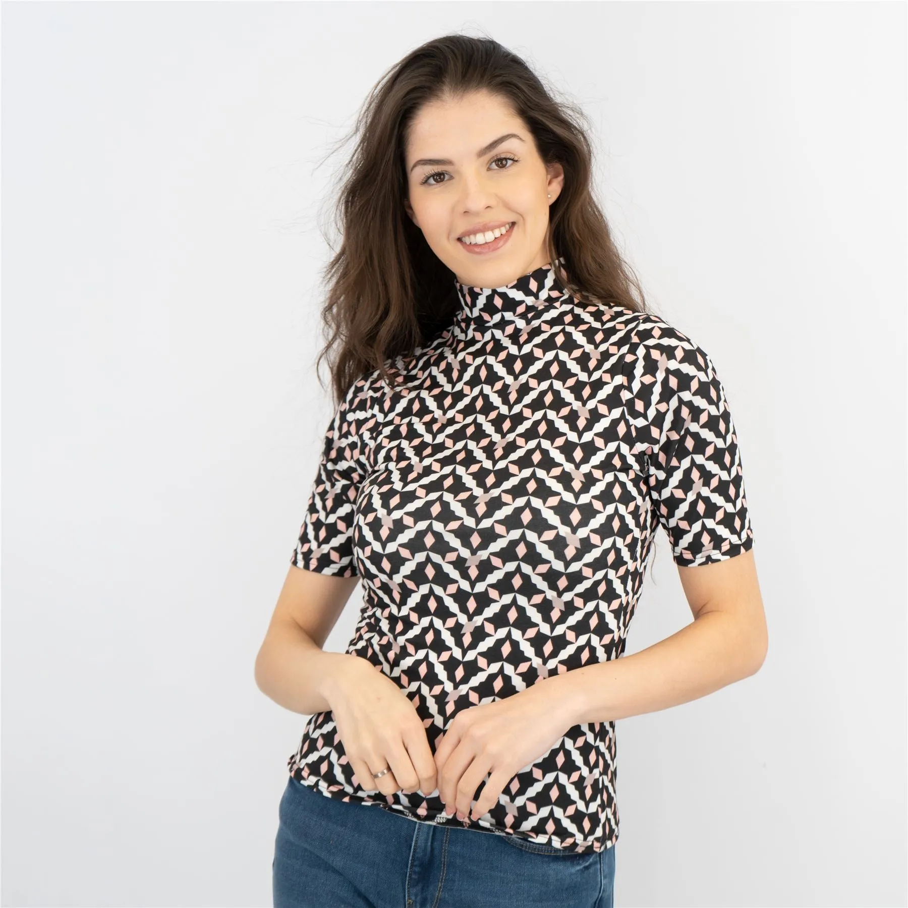 Karen Millen Black Geometric Print High Neck Short Sleeve Tops