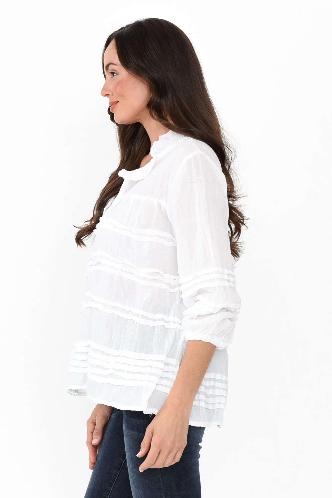 Palmer White Cotton Long Sleeve Top