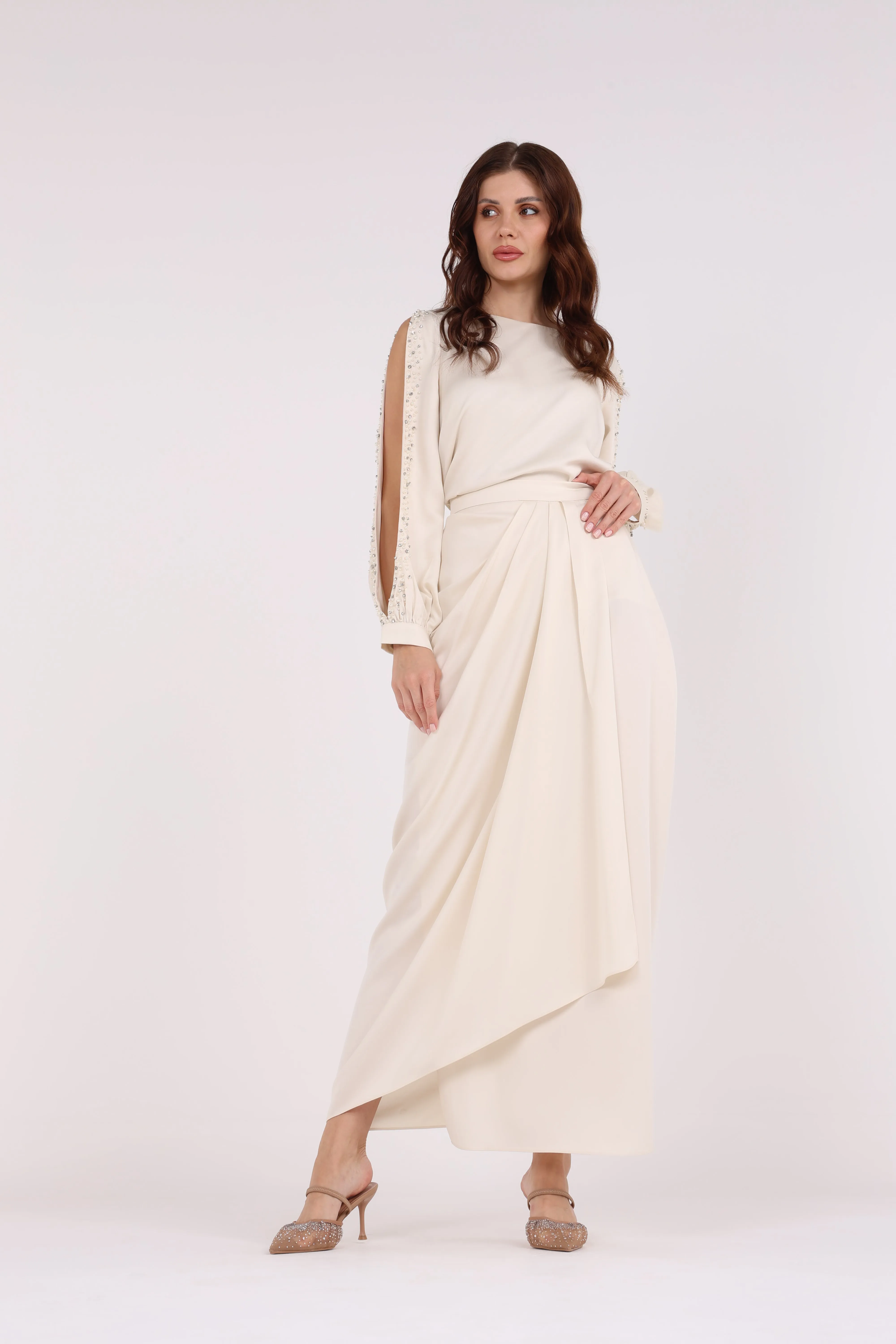 Pleated Waist Maxi Solid Skirt