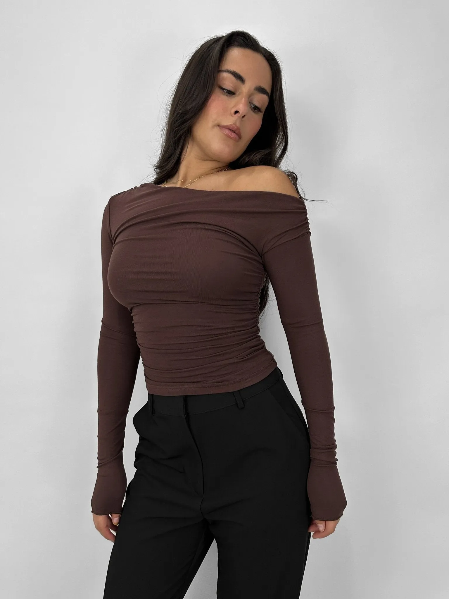 Ruched Asymmetrical Long Sleeve Top