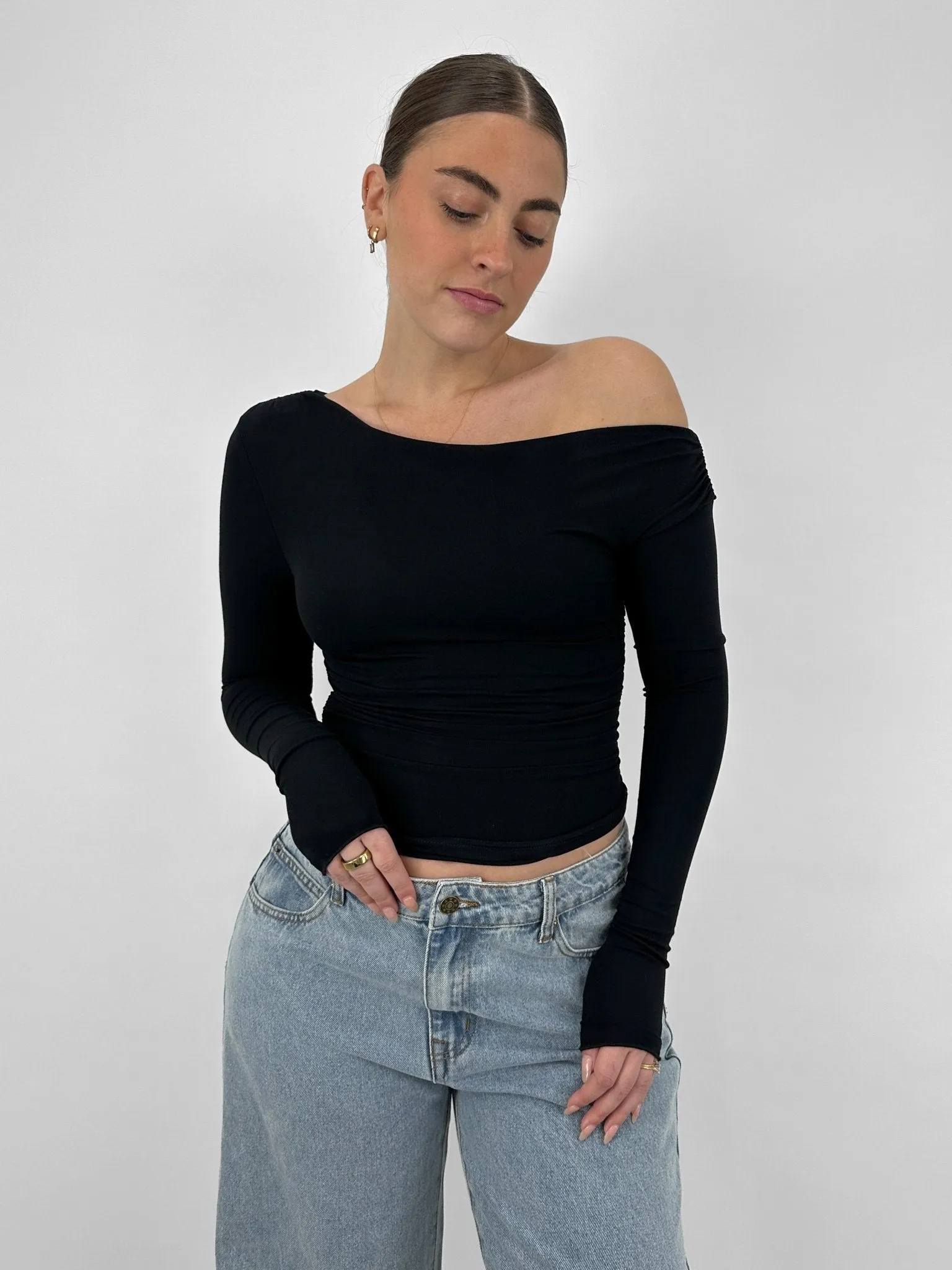 Ruched Asymmetrical Long Sleeve Top