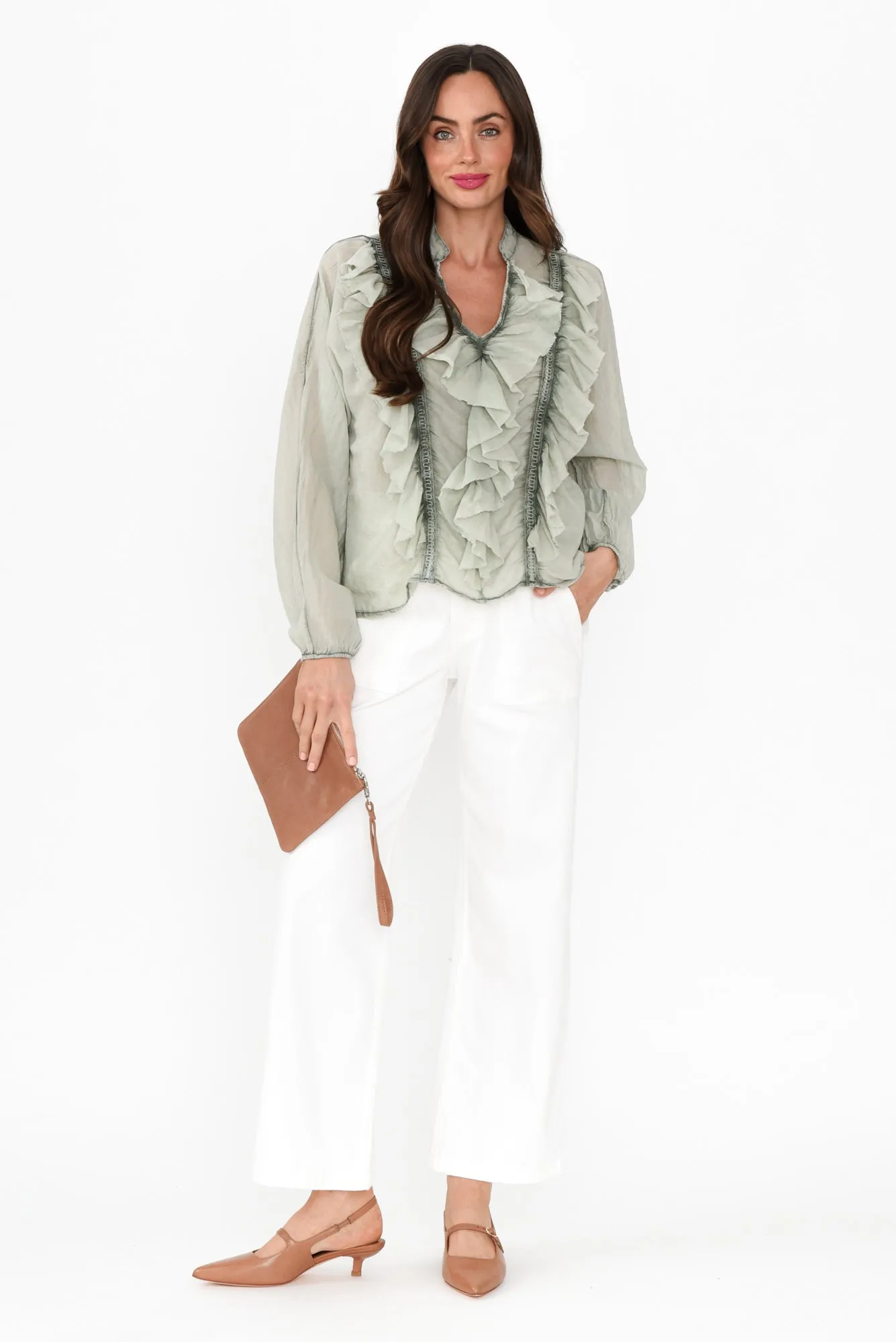 Sandra Khaki Cotton Ruffle Top