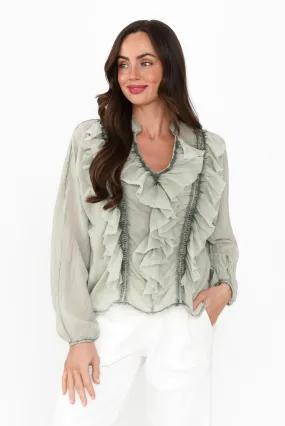 Sandra Khaki Cotton Ruffle Top