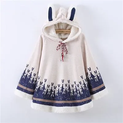 Warm Fleece Rabbit Print Cape With Ears