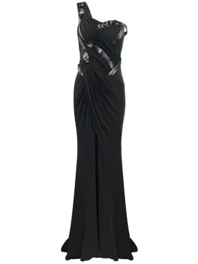 Women’s Draped One-Shoulder Strap-Detailed Long Black Gown