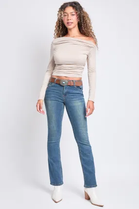 Women's Mid Rise 1 Button Belted Bootcut Jeans